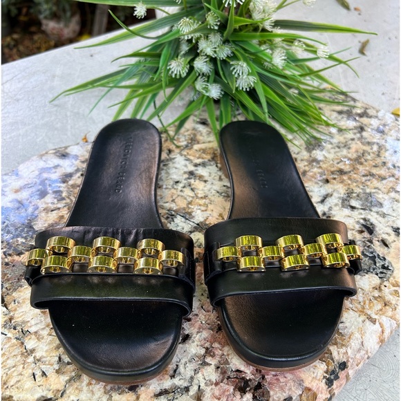 Veronica Beard ENI black Chain-Trimmed Leather Slides Gold hardware size 7 - Picture 8 of 14